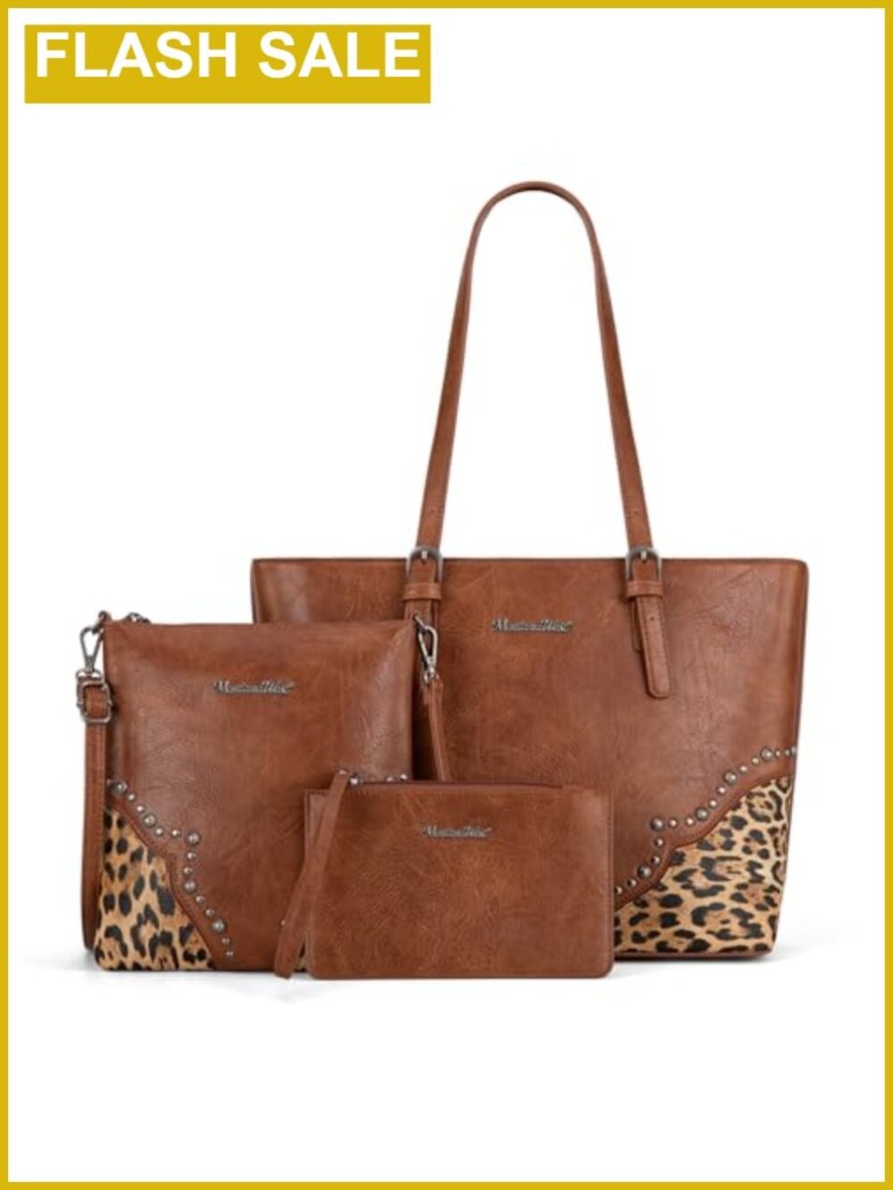 3Pc Faux Leather Tote Crossbody & Wristlet Set Leopard Print Western Studded